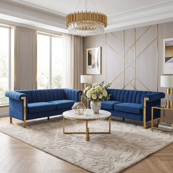 English Elm Fx-P81b-Bu-2Pc-Sofa Velvet Tufted Living Room Set with Gold Steel Legs Glam Seating Blue W576S00279