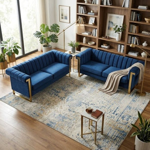 English Elm Fx-P81b-Bu-2Pc-Sofa Velvet Tufted Living Room Set with Gold Steel Legs Glam Seating Blue W576S00279