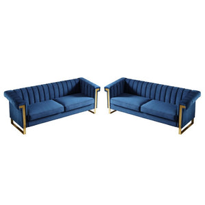 English Elm Fx-P81b-Bu-2Pc-Sofa Velvet Tufted Living Room Set with Gold Steel Legs Glam Seating Blue W576S00279