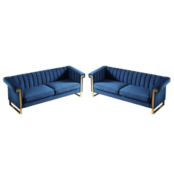 English Elm Fx-P81b-Bu-2Pc-Sofa Velvet Tufted Living Room Set with Gold Steel Legs Glam Seating Blue W576S00279