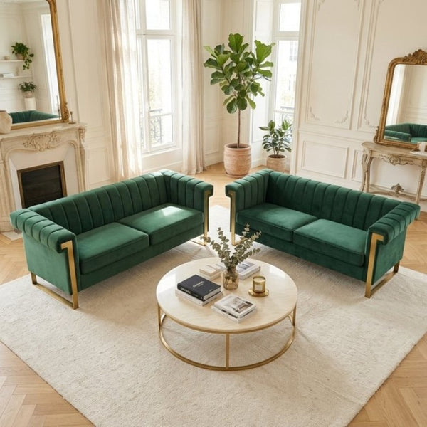 English Elm Fx-P81b-Bk-2Pc-Sofa Velvet Chesterfield Sofa Set with Gold Legs Channel Tufted Luxury Green W576S00280