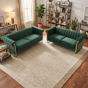 English Elm Fx-P81b-Bk-2Pc-Sofa Velvet Chesterfield Sofa Set with Gold Legs Channel Tufted Luxury Green W576S00280