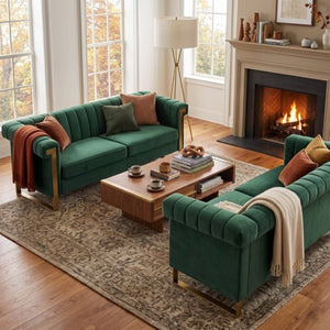 English Elm Fx-P81b-Bk-2Pc-Sofa Velvet Chesterfield Sofa Set with Gold Legs Channel Tufted Luxury Green W576S00280