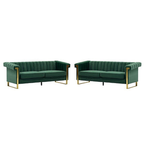 English Elm Fx-P81b-Bk-2Pc-Sofa Velvet Chesterfield Sofa Set with Gold Legs Channel Tufted Luxury Green W576S00280