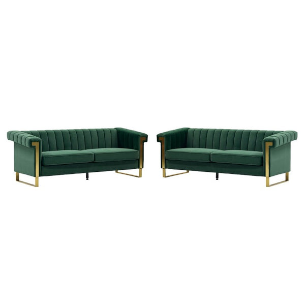 English Elm Fx-P81b-Bk-2Pc-Sofa Velvet Chesterfield Sofa Set with Gold Legs Channel Tufted Luxury Green W576S00280