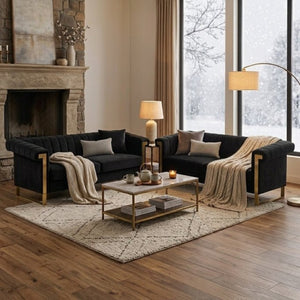 English Elm Fx-P81b-Bk-2Pc-Sofa Velvet Chesterfield Sofa Set with Gold Legs Channel Tufted Luxury Black W576S00281