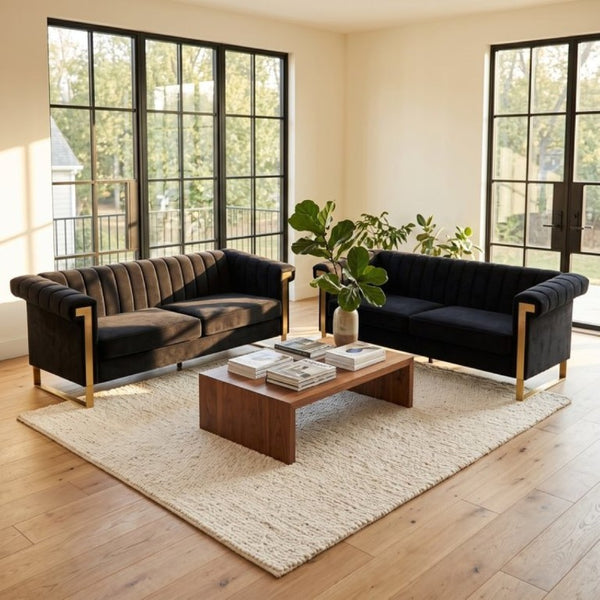 English Elm Fx-P81b-Bk-2Pc-Sofa Velvet Chesterfield Sofa Set with Gold Legs Channel Tufted Luxury Black W576S00281