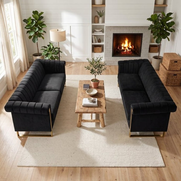 English Elm Fx-P81b-Bk-2Pc-Sofa Velvet Chesterfield Sofa Set with Gold Legs Channel Tufted Luxury Black W576S00281