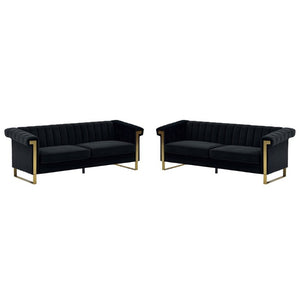 English Elm Fx-P81b-Bk-2Pc-Sofa Velvet Chesterfield Sofa Set with Gold Legs Channel Tufted Luxury Black W576S00281
