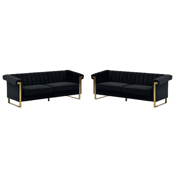 English Elm Fx-P81b-Bk-2Pc-Sofa Velvet Chesterfield Sofa Set with Gold Legs Channel Tufted Luxury Black W576S00281