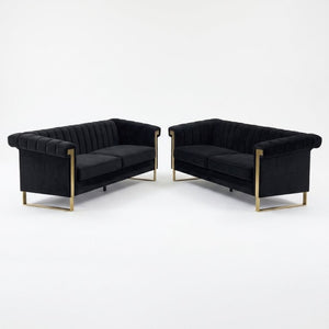 English Elm Fx-P81b-Bk-2Pc-Sofa Velvet Chesterfield Sofa Set with Gold Legs Channel Tufted Luxury Black W576S00281