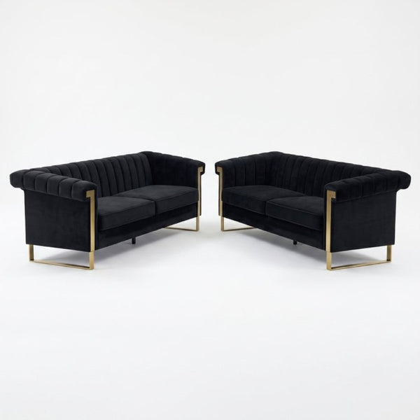 English Elm Fx-P81b-Bk-2Pc-Sofa Velvet Chesterfield Sofa Set with Gold Legs Channel Tufted Luxury Black W576S00281