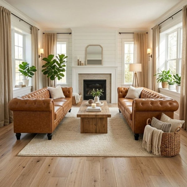 English Elm Fx-P80pb-Pubr-2Pc Chesterfield Tufted PU Leather Sofa Set with Rolled Arms and Solid Wood Legs Light Brown W576S00282