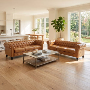 English Elm Fx-P80pb-Pubr-2Pc Chesterfield Tufted PU Leather Sofa Set with Rolled Arms and Solid Wood Legs Light Brown W576S00282