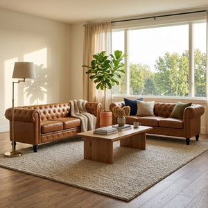 English Elm Fx-P80pb-Pubr-2Pc Chesterfield Tufted PU Leather Sofa Set with Rolled Arms and Solid Wood Legs Light Brown W576S00282