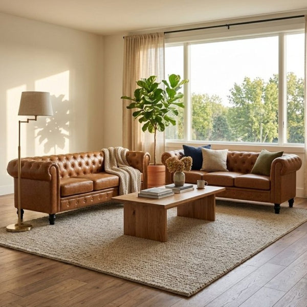 English Elm Fx-P80pb-Pubr-2Pc Chesterfield Tufted PU Leather Sofa Set with Rolled Arms and Solid Wood Legs Light Brown W576S00282