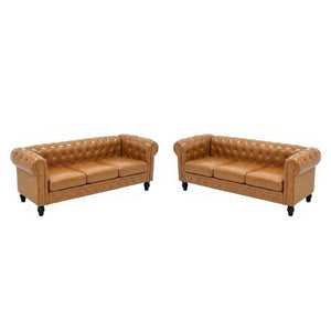 English Elm Fx-P80pb-Pubr-2Pc Chesterfield Tufted PU Leather Sofa Set with Rolled Arms and Solid Wood Legs Light Brown W576S00282