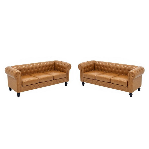 English Elm Fx-P80pb-Pubr-2Pc Chesterfield Tufted PU Leather Sofa Set with Rolled Arms and Solid Wood Legs Light Brown W576S00282