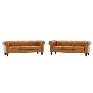 English Elm Fx-P80pb-Pubr-2Pc Chesterfield Tufted PU Leather Sofa Set with Rolled Arms and Solid Wood Legs Light Brown W576S00282