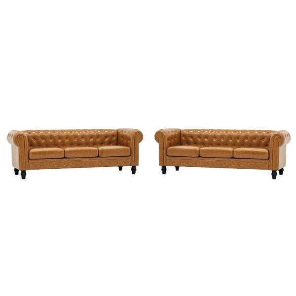 English Elm Fx-P80pb-Pubr-2Pc Chesterfield Tufted PU Leather Sofa Set with Rolled Arms and Solid Wood Legs Light Brown W576S00282