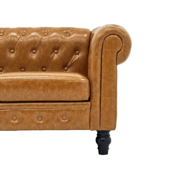 English Elm Fx-P80pb-Pubr-2Pc Chesterfield Tufted PU Leather Sofa Set with Rolled Arms and Solid Wood Legs Light Brown W576S00282