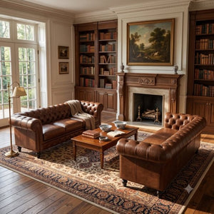 English Elm Fx-P80pb-Pubr-2Pc Chesterfield Tufted PU Leather Sofa Set with Rolled Arms and Solid Wood Legs Brown W576S00283