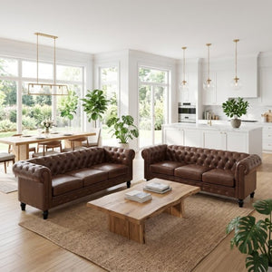 English Elm Fx-P80pb-Pubr-2Pc Chesterfield Tufted PU Leather Sofa Set with Rolled Arms and Solid Wood Legs Brown W576S00283