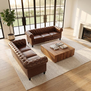 English Elm Fx-P80pb-Pubr-2Pc Chesterfield Tufted PU Leather Sofa Set with Rolled Arms and Solid Wood Legs Brown W576S00283