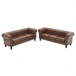 English Elm Fx-P80pb-Pubr-2Pc Chesterfield Tufted PU Leather Sofa Set with Rolled Arms and Solid Wood Legs Brown W576S00283