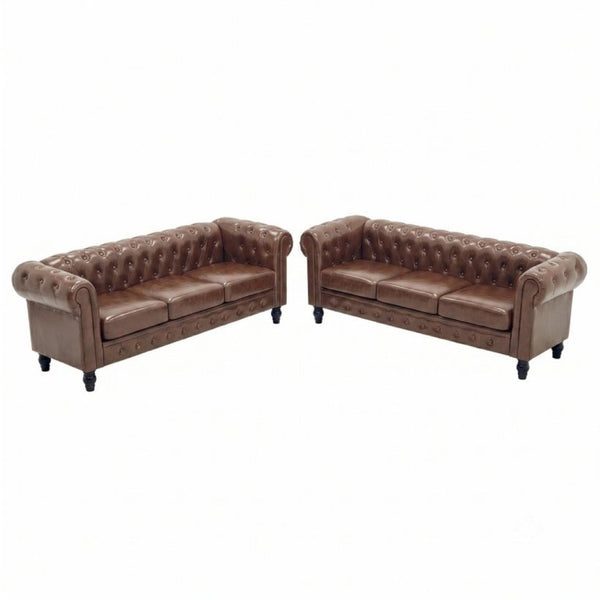 English Elm Fx-P80pb-Pubr-2Pc Chesterfield Tufted PU Leather Sofa Set with Rolled Arms and Solid Wood Legs Brown W576S00283