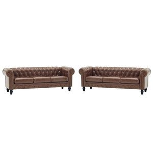 English Elm Fx-P80pb-Pubr-2Pc Chesterfield Tufted PU Leather Sofa Set with Rolled Arms and Solid Wood Legs Brown W576S00283