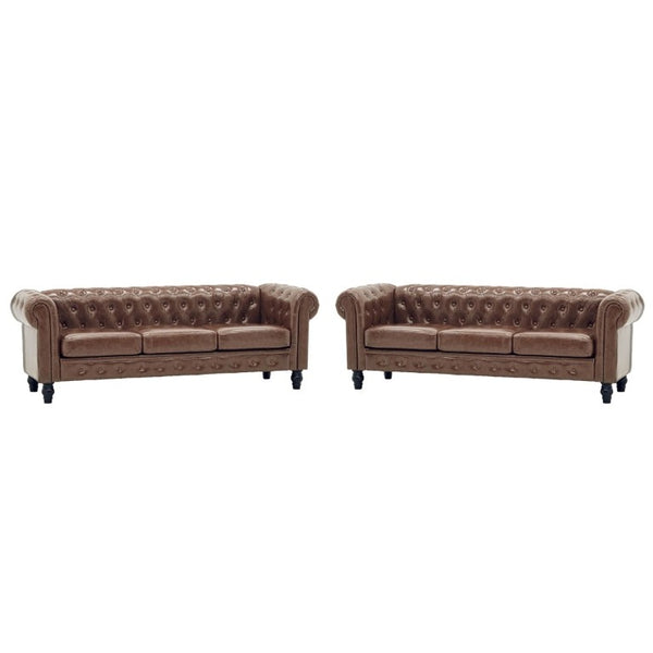 English Elm Fx-P80pb-Pubr-2Pc Chesterfield Tufted PU Leather Sofa Set with Rolled Arms and Solid Wood Legs Brown W576S00283