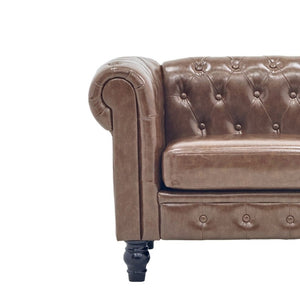 English Elm Fx-P80pb-Pubr-2Pc Chesterfield Tufted PU Leather Sofa Set with Rolled Arms and Solid Wood Legs Brown W576S00283