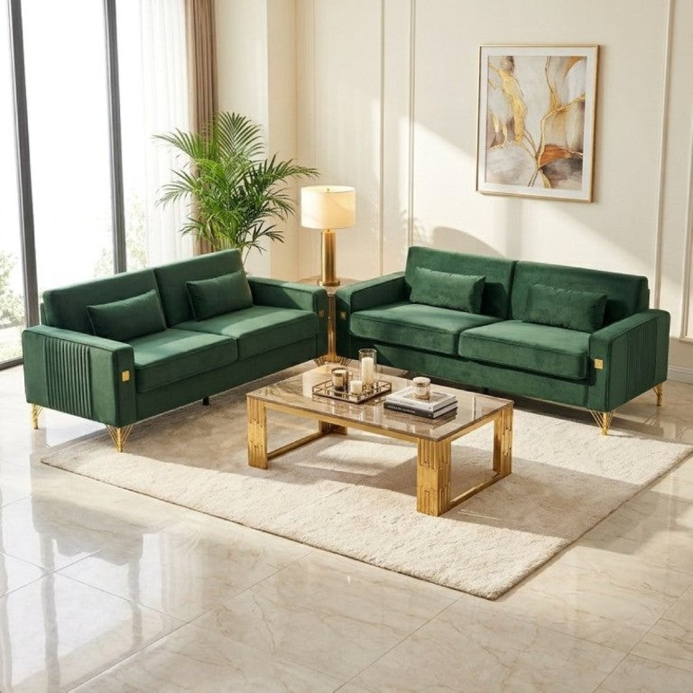 English Elm Fx-P18-Or-2Pcs Velvet Two Piece Sofa Set with Gold Legs for Mid-Century Living Rooms Emerald Green W576S00284