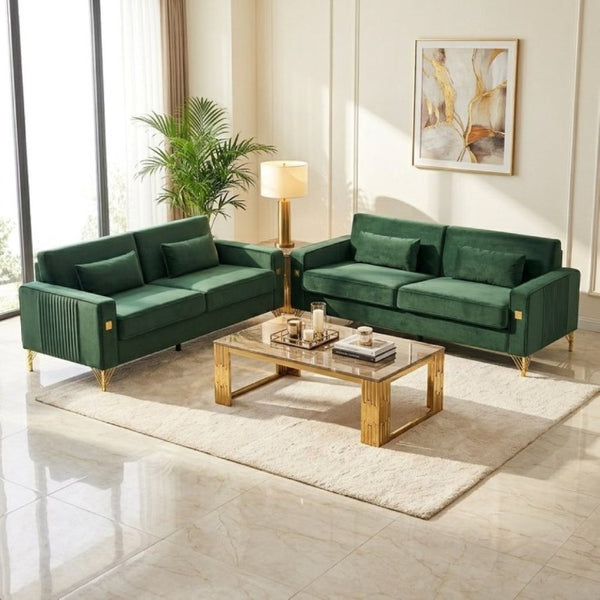 English Elm Fx-P18-Or-2Pcs Velvet Two Piece Sofa Set with Gold Legs for Mid-Century Living Rooms Emerald Green W576S00284