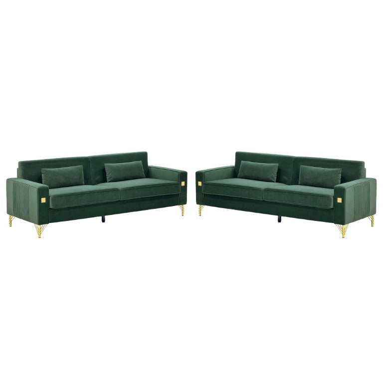 English Elm Fx-P18-Or-2Pcs Velvet Two Piece Sofa Set with Gold Legs for Mid-Century Living Rooms Emerald Green W576S00284