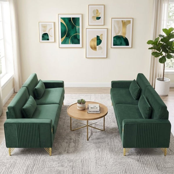 English Elm Fx-P18-Or-2Pcs Velvet Two Piece Sofa Set with Gold Legs for Mid-Century Living Rooms Emerald Green W576S00284