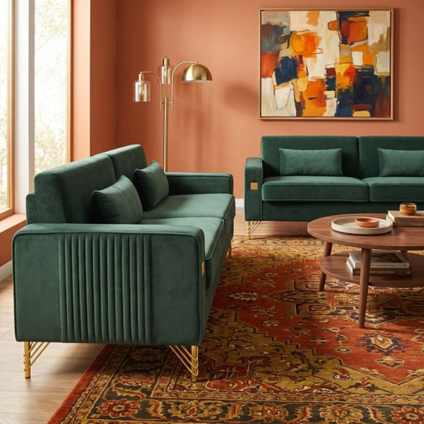 English Elm Fx-P18-Or-2Pcs Velvet Two Piece Sofa Set with Gold Legs for Mid-Century Living Rooms Emerald Green W576S00284