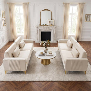 English Elm Fx-P18-Or-2Pcs Velvet Two Piece Sofa Set with Gold Legs for Mid-Century Living Rooms Ivory Beige W576S00285