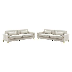 English Elm Fx-P18-Or-2Pcs Velvet Two Piece Sofa Set with Gold Legs for Mid-Century Living Rooms Ivory Beige W576S00285