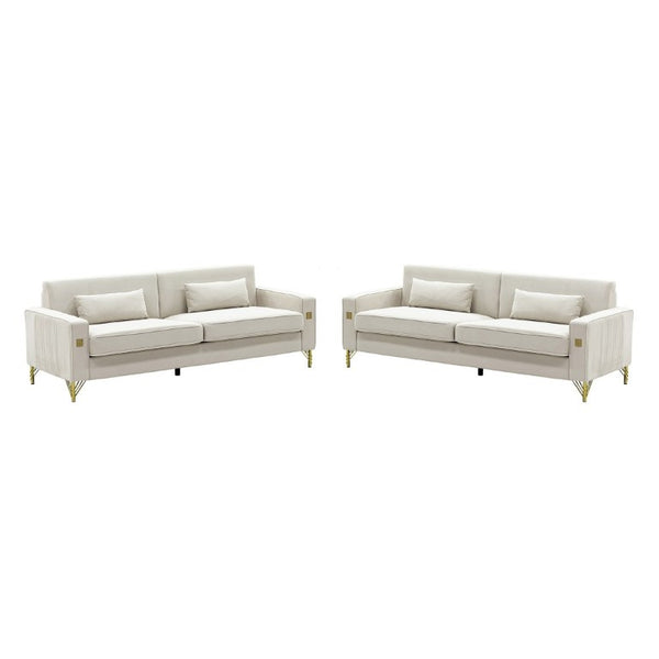 English Elm Fx-P18-Or-2Pcs Velvet Two Piece Sofa Set with Gold Legs for Mid-Century Living Rooms Ivory Beige W576S00285