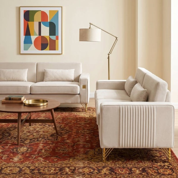 English Elm Fx-P18-Or-2Pcs Velvet Two Piece Sofa Set with Gold Legs for Mid-Century Living Rooms Ivory Beige W576S00285