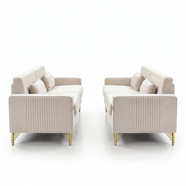 English Elm Fx-P18-Or-2Pcs Velvet Two Piece Sofa Set with Gold Legs for Mid-Century Living Rooms Ivory Beige W576S00285