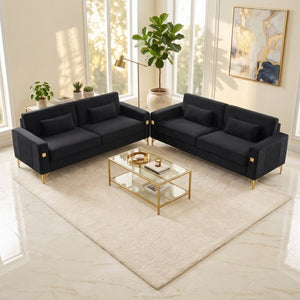 English Elm Fx-P18-Or-2Pcs Velvet Two Piece Sofa Set with Gold Legs for Mid-Century Living Rooms Black W576S00286