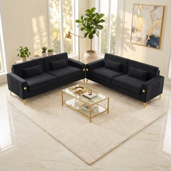 English Elm Fx-P18-Or-2Pcs Velvet Two Piece Sofa Set with Gold Legs for Mid-Century Living Rooms Black W576S00286