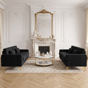 English Elm Fx-P18-Or-2Pcs Velvet Two Piece Sofa Set with Gold Legs for Mid-Century Living Rooms Black W576S00286