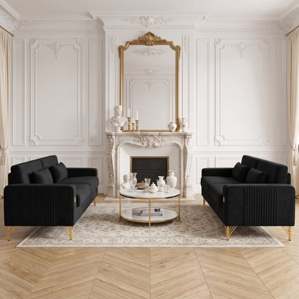 English Elm Fx-P18-Or-2Pcs Velvet Two Piece Sofa Set with Gold Legs for Mid-Century Living Rooms Black W576S00286