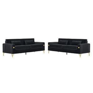 English Elm Fx-P18-Or-2Pcs Velvet Two Piece Sofa Set with Gold Legs for Mid-Century Living Rooms Black W576S00286