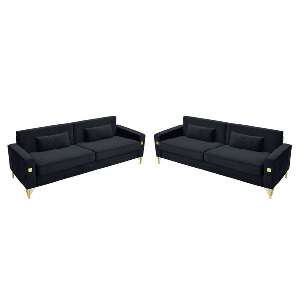 English Elm Fx-P18-Or-2Pcs Velvet Two Piece Sofa Set with Gold Legs for Mid-Century Living Rooms Black W576S00286