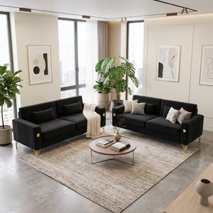 English Elm Fx-P18-Or-2Pcs Velvet Two Piece Sofa Set with Gold Legs for Mid-Century Living Rooms Black W576S00286